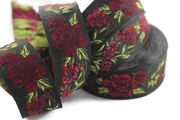 35 mm Red / Black Floral Jacquard trim (1.37 inches, vintage Ribbon, Decorative Craft Ribbon, Floral Jacquard Ribbon, towel trim, 35096