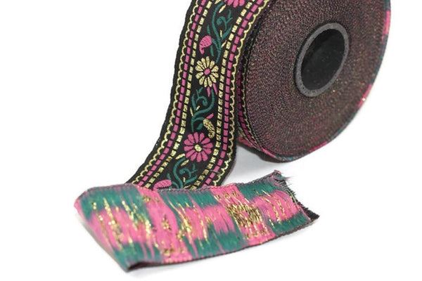 35 mm Black & Pink Floral Jacquard ribbon (1.37 inches) - Jacquard trim  - Sewing Trim - Collar Trim, Ribbon by the yards, Vintage ribbon
