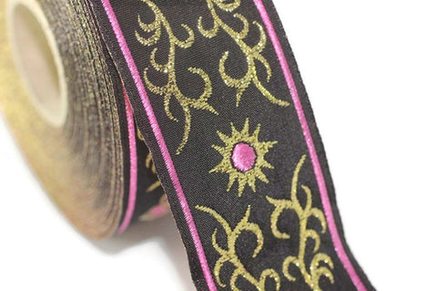 35 mm metallic Pink jacquard ribbons (1.37 inches, native american embroidered trim, woven trim, woven jacquards, woven border, 35806