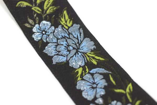 35 mm Sky Blue / Black Floral Jacquard trim (1.37 inches, vintage Ribbon, Decorative Craft Ribbon, Floral Jacquard Ribbon Trim, 35096