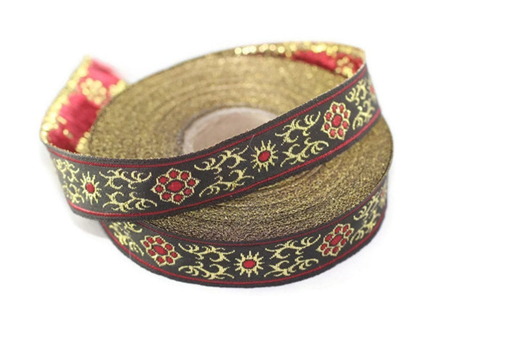 35 mm metallic Red jacquard ribbons (1.37 inches, native american embr ...