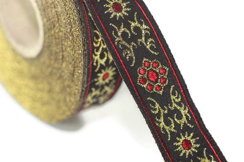35 mm metallic Red jacquard ribbons (1.37 inches,  native american embroidered trim, woven trim, woven jacquards, woven border, 35806