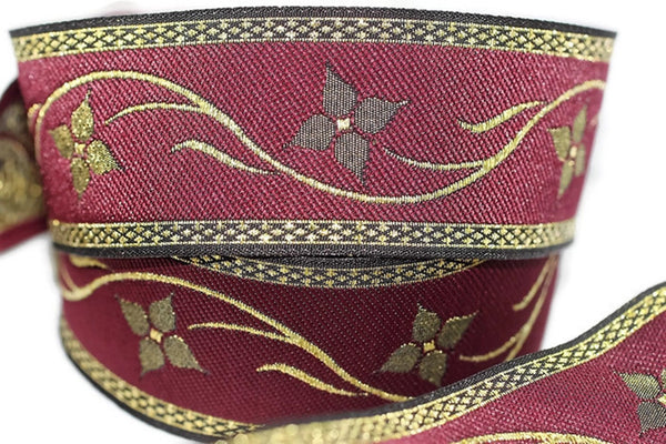 35 mm Burgundy Floral Jacquard trim (1.37 inches - vintage Ribbon - Decorative Craft Ribbon - Jacquard - Floral Jacquard Ribbon Trim, CNK02