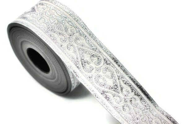 35 mm Silver Royal Celtic Heart Jacquard ribbons (1.37 inch), Jacquard trim, ribbon trim, trimming, sewing trims, embroidered ribbons, 35068