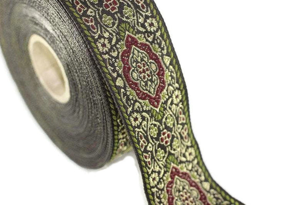 18 mm Light green Medieval Motive Woven Border (0.70 inches), jacquard ribbon, Embroidered ribbon, Sewing trim, Scroll Jacquard trim, 18589