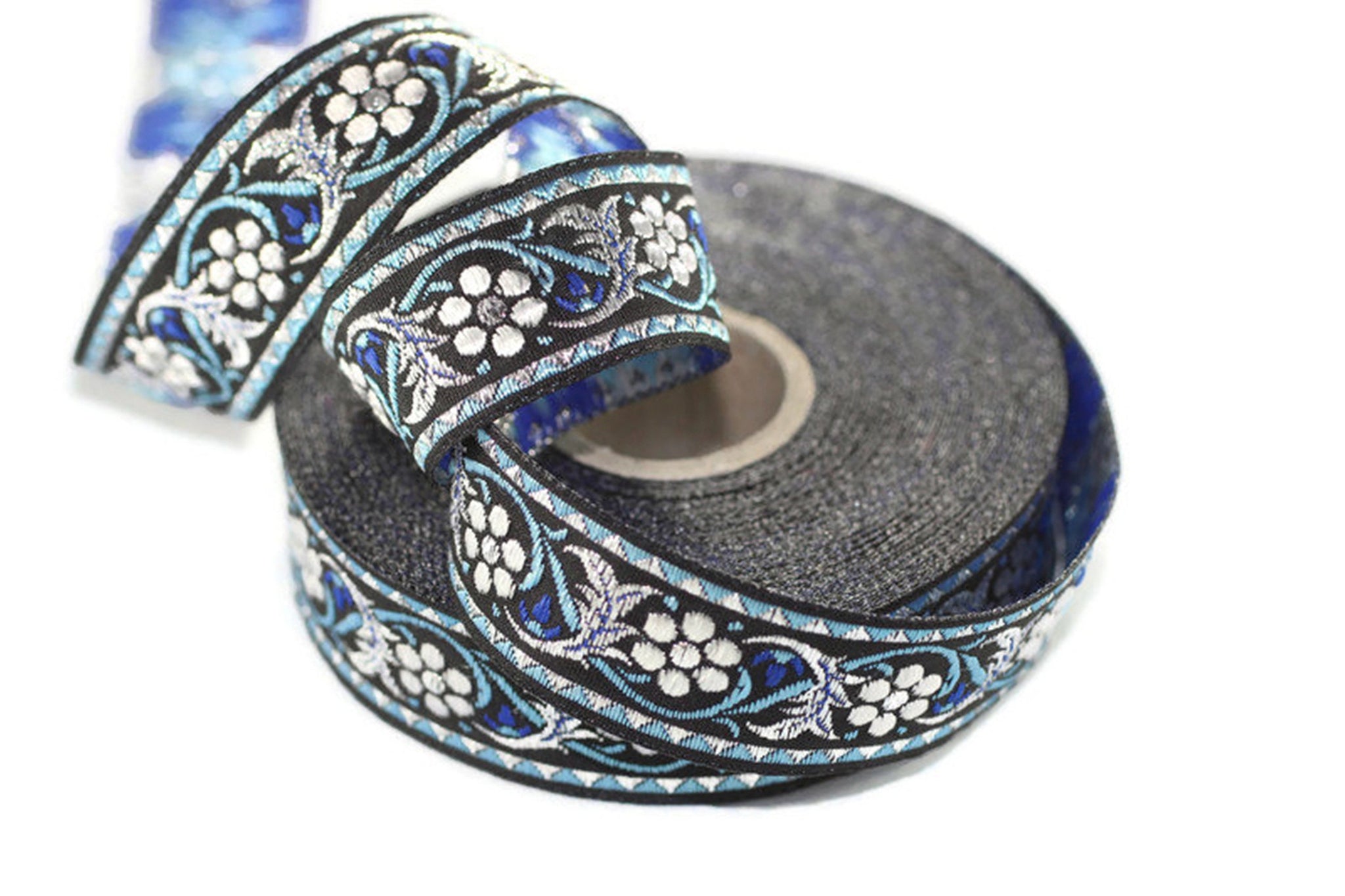 16 mm Bavarian spring time floral Blue Jacquard trim (0.62 inch), floral ribbon, Tapes, Band, Jacquard ribbons, Ruban, French Ribbon, 16904