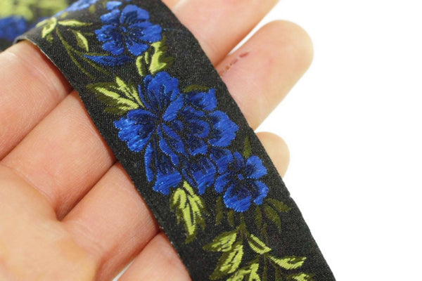 35 mm Blue / Black Floral Jacquard trim (1.37 inches, vintage Ribbon, Decorative Craft Ribbon, Floral Jacquard Ribbon, towel trim, 35096