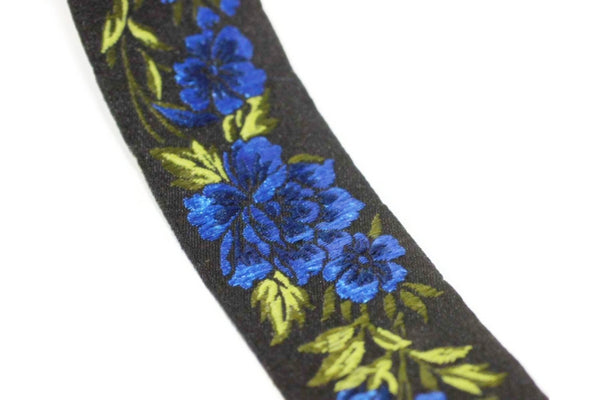 35 mm Blue / Black Floral Jacquard trim (1.37 inches, vintage Ribbon, Decorative Craft Ribbon, Floral Jacquard Ribbon, towel trim, 35096