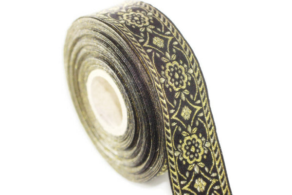 35 mm Black/yellow jacquard ribbon (1.37 inches), Vintage ribbon, geometric ribbon, dog collar supplies, ribbon trim, 35948