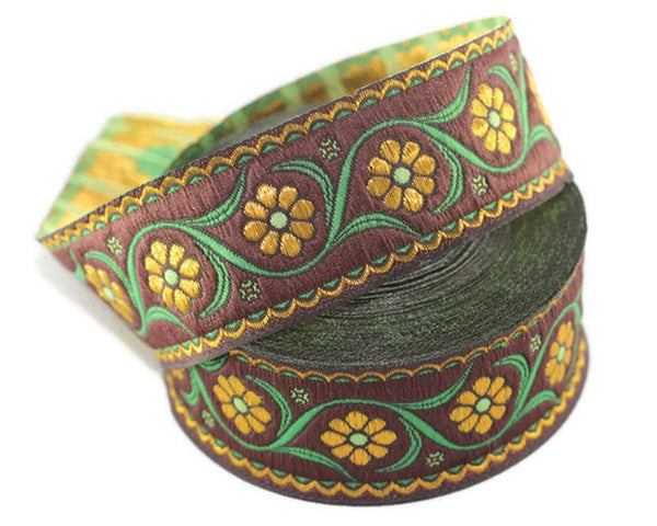 22 mm Brown Floral Embroidered ribbon (0.86 inches), Vintage Jacquard, Floral ribbon, Floral trim, woven jacquard, jacquard ribbons, 22938