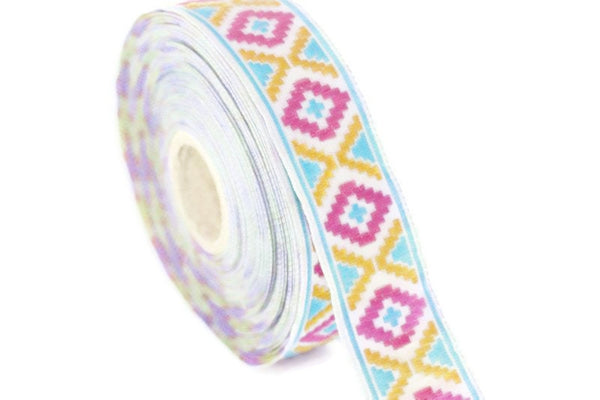 16 mm Blue/Pink Geometric Diamond Jacquard trim (0.62 inches), Decorative Craft Ribbon, Sewing trim, Jacquard ribbon, woven ribbons, 16914