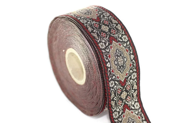 18 mm Red Medieval Motive Woven Border (0.70 inches), jacquard ribbon, Embroidered ribbon, Sewing trim, Scroll Jacquard trim, 18589