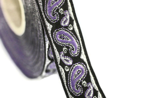 16 mm Lilac/Black patterned Jacquard trim (0.62 inches  drop embroidered trim, drop ribbon, woven ribbon, woven jacquard, sewing trim, 16807