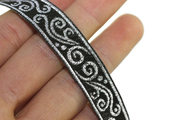 16 mm metallic Black/Silver jacquard ribbons 0.62 inches - Renaissance  embroidered trim -  woven trim - woven jacquards - woven border