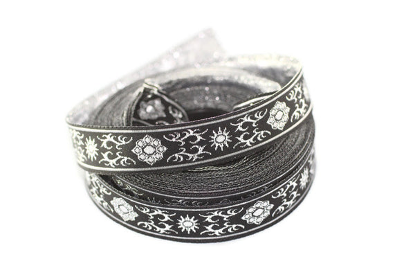 16 mm metallic Grey jacquard ribbons (0.62 inches,  native american embroidered trim, woven trim, woven jacquards, woven border, 16806