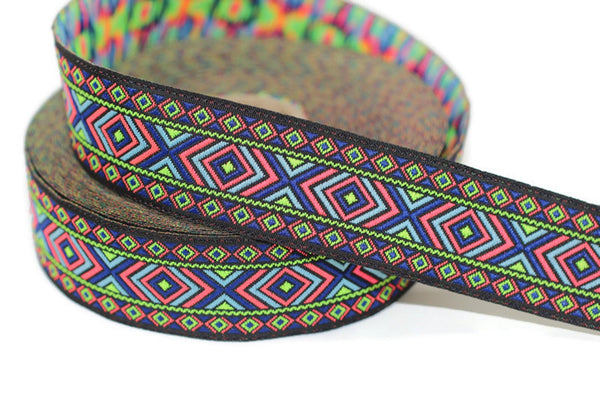 25 mm Lime Green and Blue Hippie Motif Ribbon (0.98 inches), Woven Trim, Ethnic Ornament Ribbon, Boho Style Trim, 25995