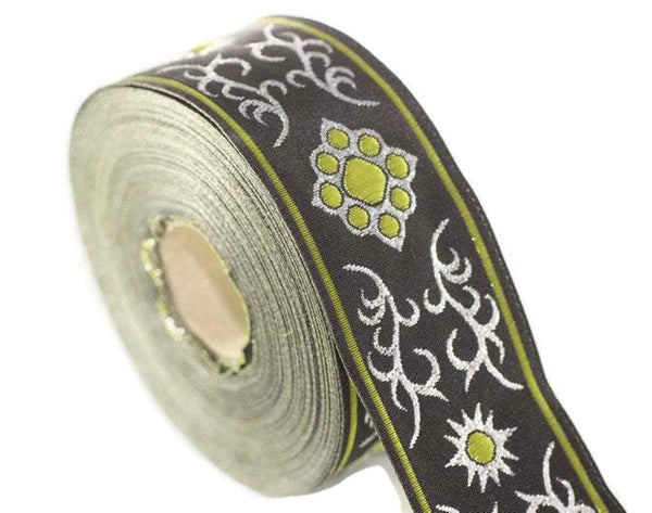 35 mm metallic Green jacquard ribbons (1.37 inches, native american embroidered trim, woven trim, woven jacquards, woven border, 35806