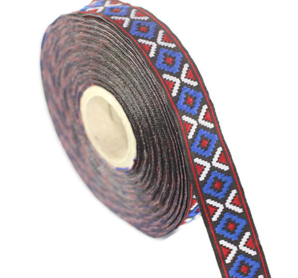 16 mm Blue/Red Geometric Diamond Jacquard trim (0.62 inches), Decorative Craft Ribbon, Sewing, Jacquard ribbon, woven ribbons, 16914