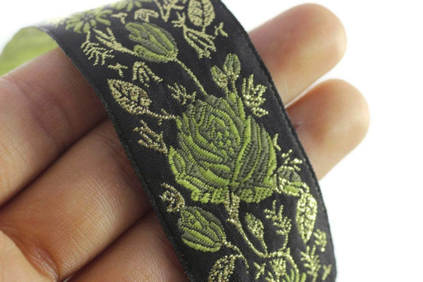 50 mm Green / Black Floral Jacquard trim (1.96 inches) rose embroried Ribbon, Decorative Craft Ribbon, Jacquard Ribbon Trim, 50089