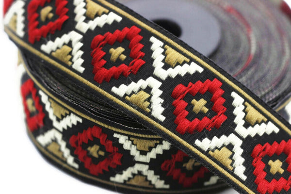 16 mm Red&Brown Geometric Diamond Jacquard trim (0.62 inch, Decorative Craft Ribbon, Sewing trims, Jacquard ribbons, woven ribbons, 16914