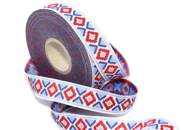 16 mm Blue&Red Geometric Diamond Jacquard trim (0.62 inches) Decorative Craft Ribbon, Sewing Trim, Jacquard ribbon, woven ribbons, 16914