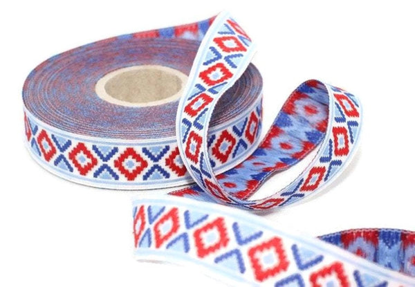 16 mm Blue&Red Geometric Diamond Jacquard trim (0.62 inches) Decorative Craft Ribbon, Sewing Trim, Jacquard ribbon, woven ribbons, 16914
