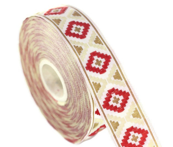 16 mm Red&White Geometric Diamond Jacquard trim (0.62 inches), Decorative Craft Ribbon, Sewing Trim, Jacquard ribbon, woven ribbons, 16914