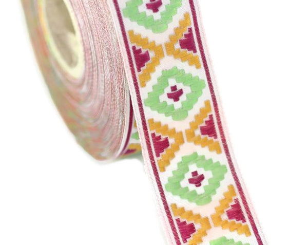 16 mm White/Green Geometric Diamond Jacquard trim (0.62 inch), Decorative Craft Ribbon, Sewing Trim, Jacquard ribbons, woven ribbons, 16914