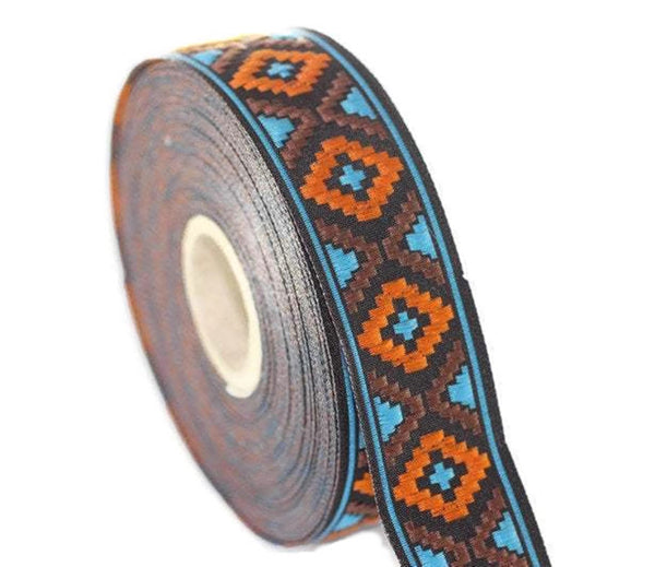 16 mm Blue&Orange Geometric Diamond Jacquard trim (0.62 inches), Decorative Craft Ribbon, Sewing trim, Jacquard ribbon, woven ribbons, 16914
