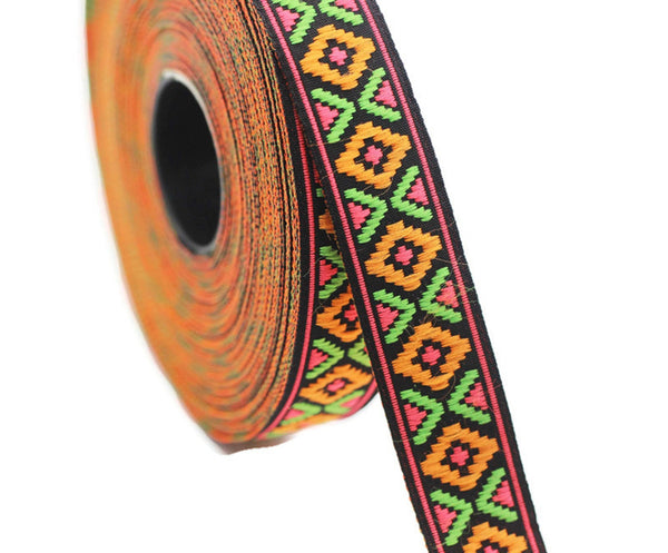 16 mm Green&Orange Geometric Diamond Jacquard trim (0.62 inch, Decorative Craft Ribbon, Sewing trims, Jacquard ribbons, woven ribbons, 16914