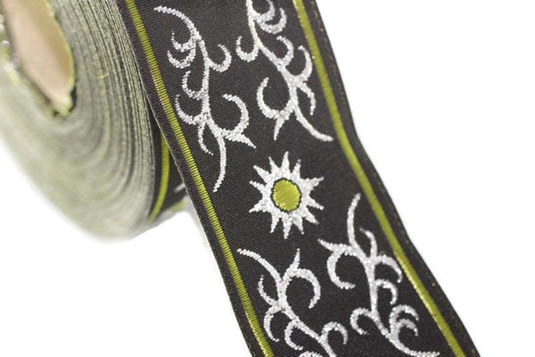 35 mm metallic Green jacquard ribbons (1.37 inches, native american embroidered trim, woven trim, woven jacquards, woven border, 35806