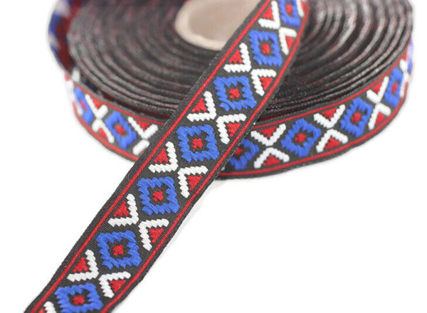 16 mm Blue/Red Geometric Diamond Jacquard trim (0.62 inches), Decorative Craft Ribbon, Sewing, Jacquard ribbon, woven ribbons, 16914