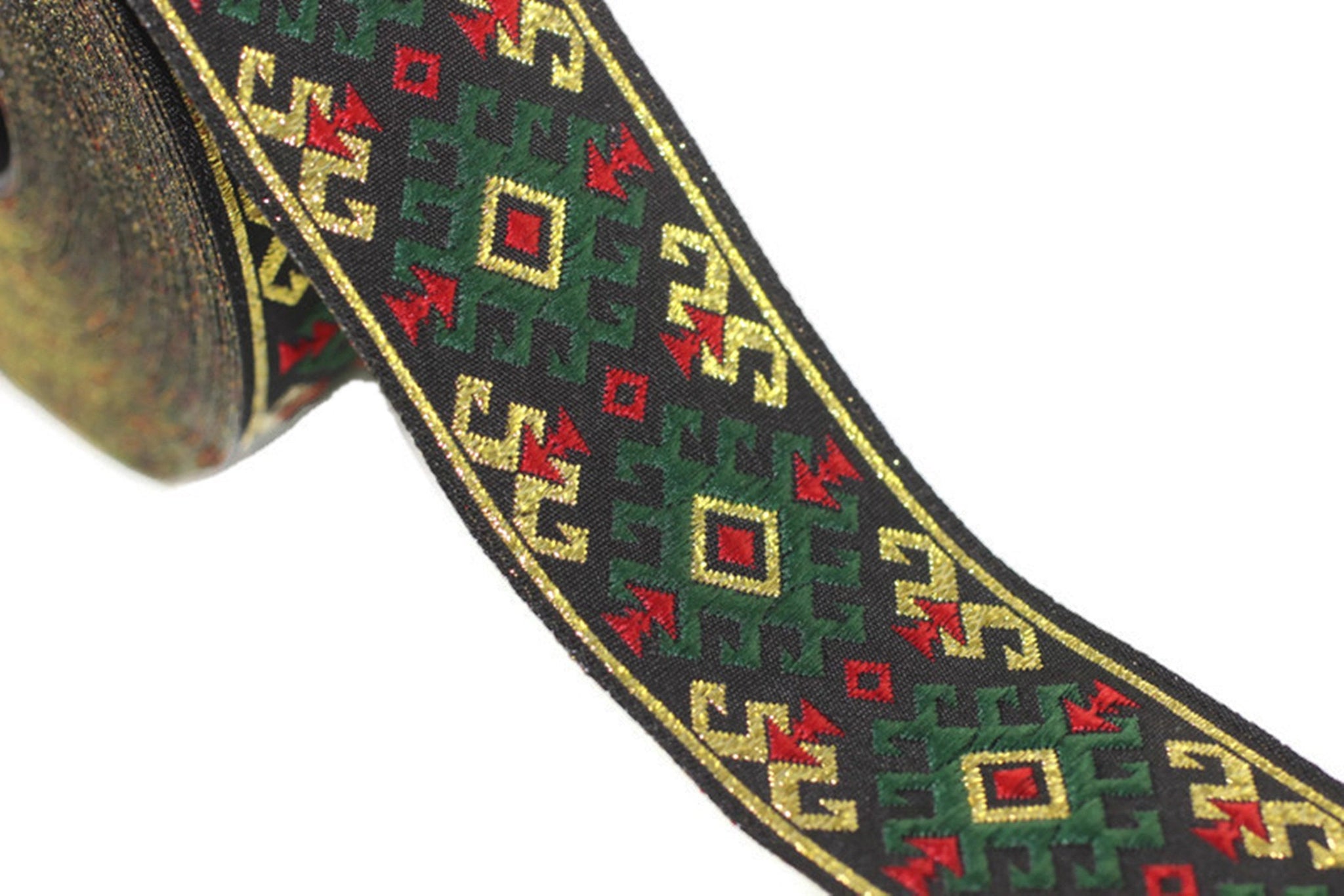 35 mm Snowy metallic Green/Gold jacquard ribbons 1.37 inches, Snowy embroidered trim,  woven trim, woven jacquards, woven border, 35953