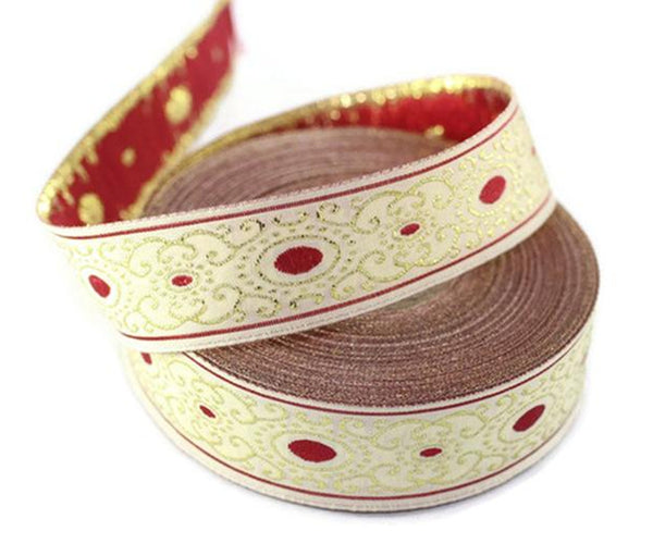 22 mm Red/white authentic Jacquard ribbon (0.86 inches), woven ribbon, authentic ribbon, Sewing, Scroll Jacquard trim, 22805