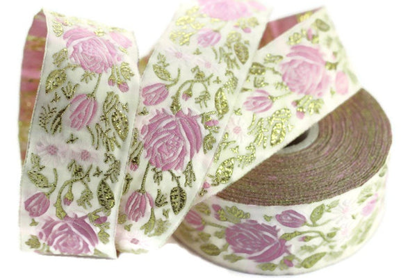 50 mm Pink / White Floral Jacquard trim (1.96 inches), rose embroried Ribbon, Decorative Craft Ribbon, Jacquard Ribbon Trim, 50089