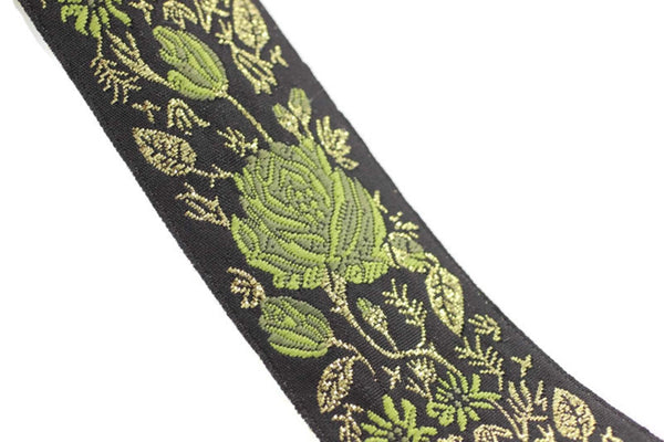 50 mm Green / Black Floral Jacquard trim (1.96 inches) rose embroried Ribbon, Decorative Craft Ribbon, Jacquard Ribbon Trim, 50089