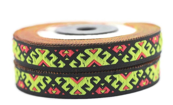 12mm Neon Yellow embroidered ribbon trim, 0.47inc, jacquard ribbon, french ribbon, Jacquard trim, sewing trim, Woven Ribbon, trimming, 12895