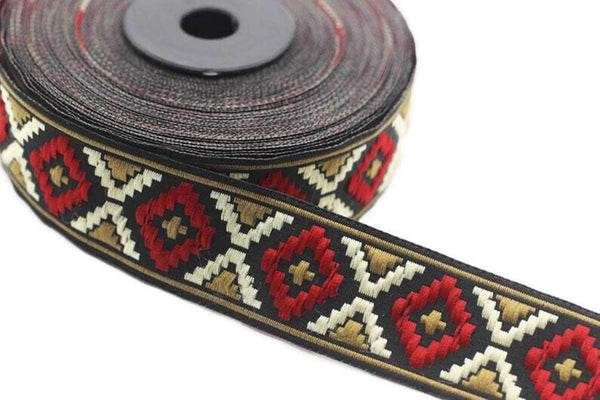 16 mm Red&Brown Geometric Diamond Jacquard trim (0.62 inch, Decorative Craft Ribbon, Sewing trims, Jacquard ribbons, woven ribbons, 16914