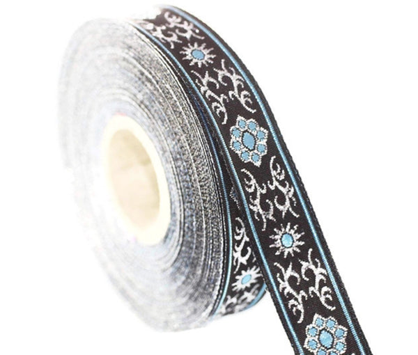 16 mm metallic Blue/Black jacquard ribbons (0.62 inches, native american embroidered trim, woven trim, woven jacquards, woven border, 16806