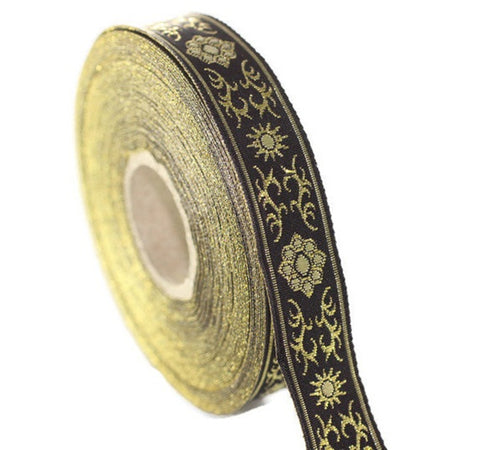 16 mm metallic Yellow jacquard ribbons (0.62 inches,  native american embroidered trim, woven trim, woven jacquards, woven border, 16806
