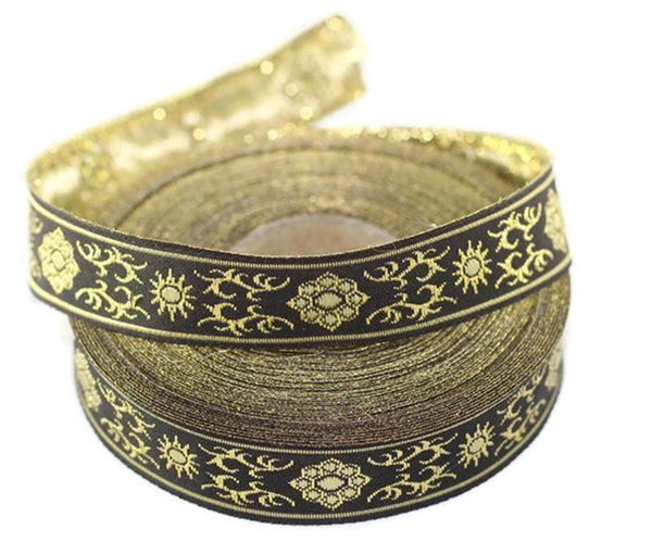 16 mm metallic Yellow jacquard ribbons (0.62 inches,  native american embroidered trim, woven trim, woven jacquards, woven border, 16806