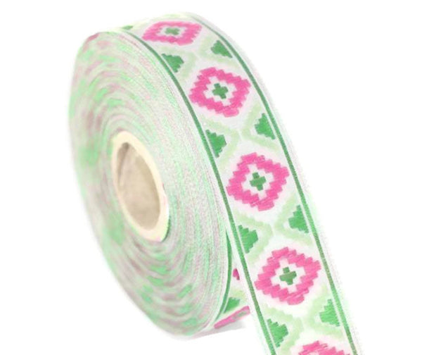 16 mm Pink/Green Geometric Diamond Jacquard trim (0.62 inches) Decorative Craft Ribbon, Sewing Trim, Jacquard ribbons, woven ribbons, 16914