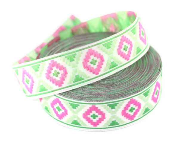 16 mm Pink/Green Geometric Diamond Jacquard trim (0.62 inches) Decorative Craft Ribbon, Sewing Trim, Jacquard ribbons, woven ribbons, 16914