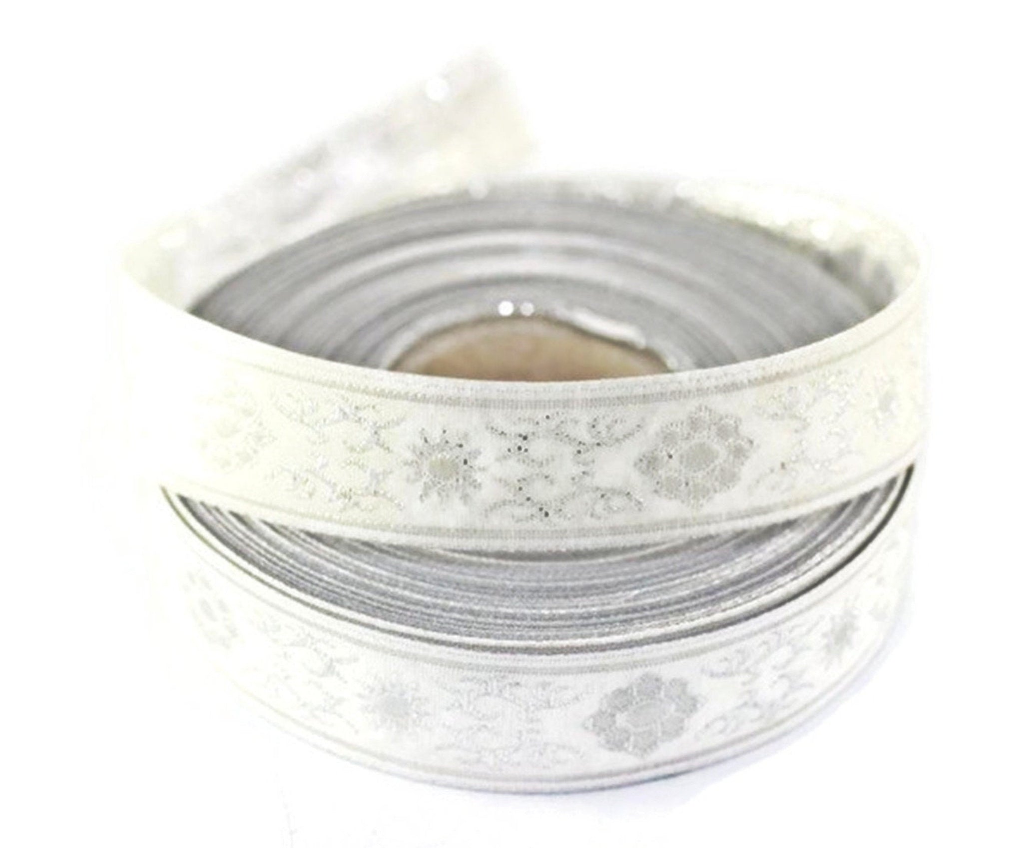 16 mm metallic Grey jacquard ribbons (0.62 inches,  native american embroidered trim, woven trim, woven jacquards, woven border, 16806