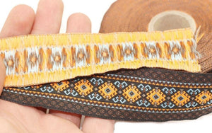 35 mm Blue&Orange Mosaic Motif Jacquard Ribbon (1.37 inches), Vintage Jacquard, Sewing Trim, Large ribbon,  jacquard ribbon, 35997