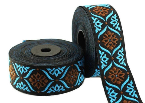 35 mm Brown/Blue Mediterranean Ribbon (1.37 inches), Jacquard ribbon,  jacquard trim, fabric wide trims, craft supplies, trim, 35973