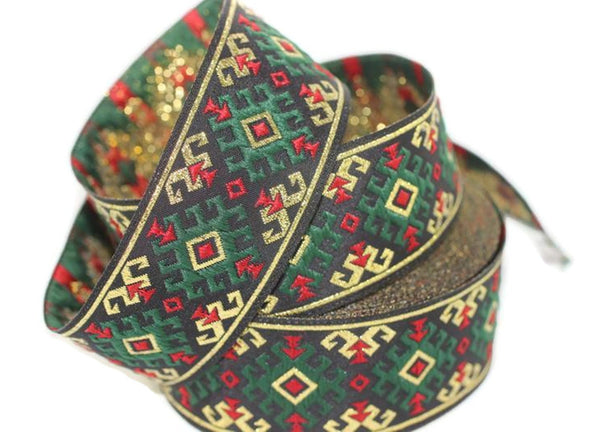 35 mm Snowy metallic Green/Gold jacquard ribbons 1.37 inches, Snowy embroidered trim,  woven trim, woven jacquards, woven border, 35953