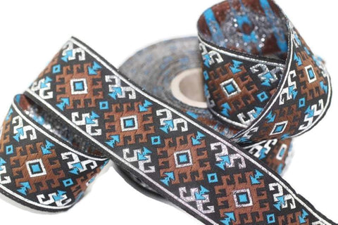 35 mm Snowy metallic Brown/Light Blue jacquard ribbons 1.37 inches, Snowy embroidered trim, woven trim, woven jacquards, woven border, 35953