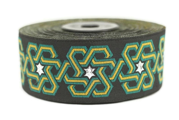 25 mm Stars motive Green jacquard Ribbons (0.98 inches), ribbon trim, jacquard trim, craft supplies, collar supply,  ribbon, 25974