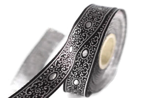16 mm Grey/Black authentic Jacquard ribbon (0.62 inches), woven ribbon,  authentic ribbon, Sewing,  Scroll Jacquard trim, Trim, 16805